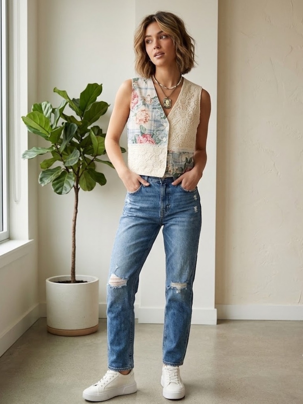 Vintage 90s Patchwork FSTOP Cream Vest, floral and lace, Size Large